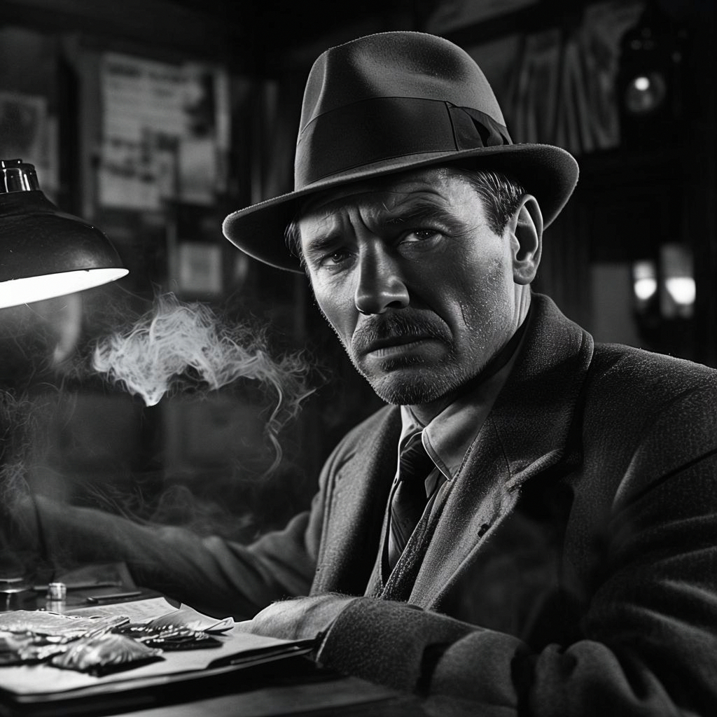 Ejemplo de imagen generada con IA: Detective en oficina noir